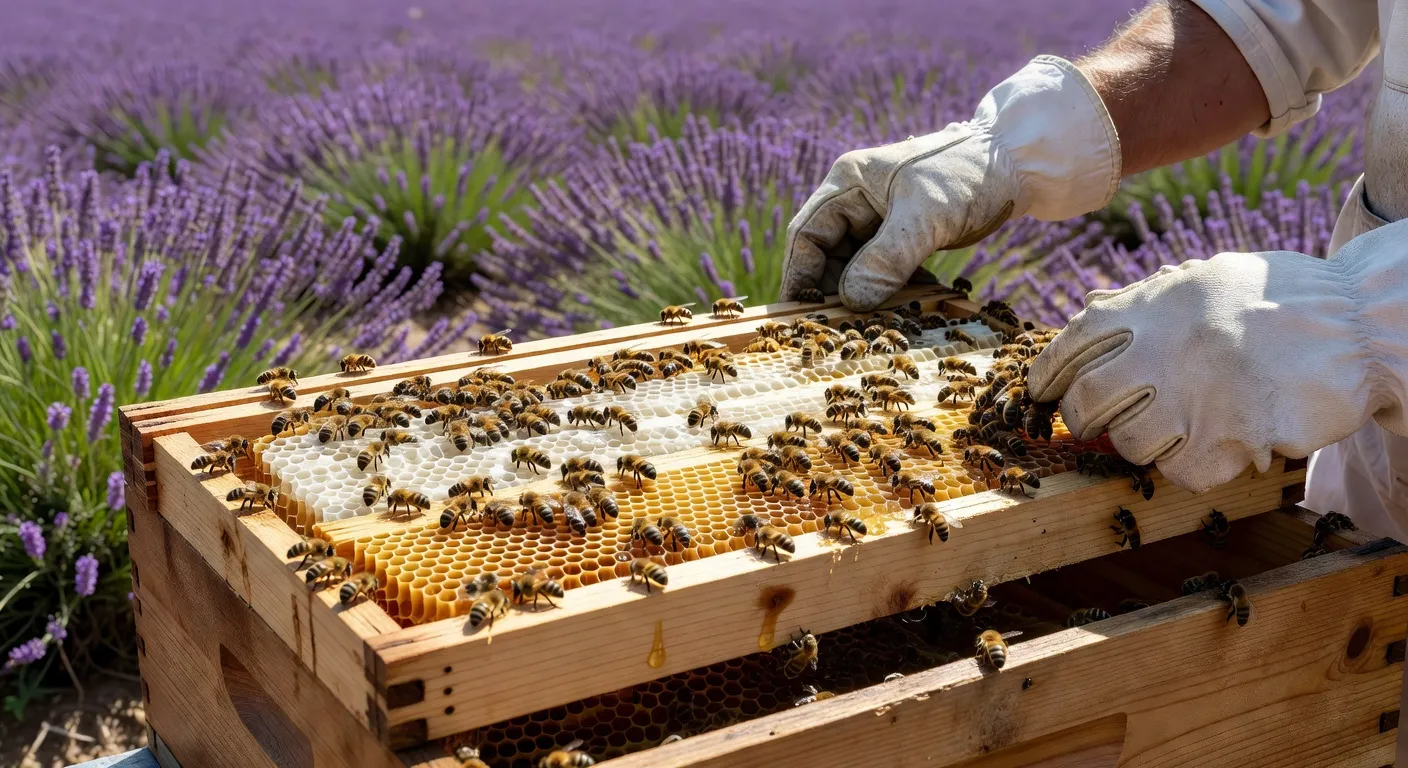 Cadres de ruche avec abeilles sauvages, mains d'apiculteur en Drôme provençale