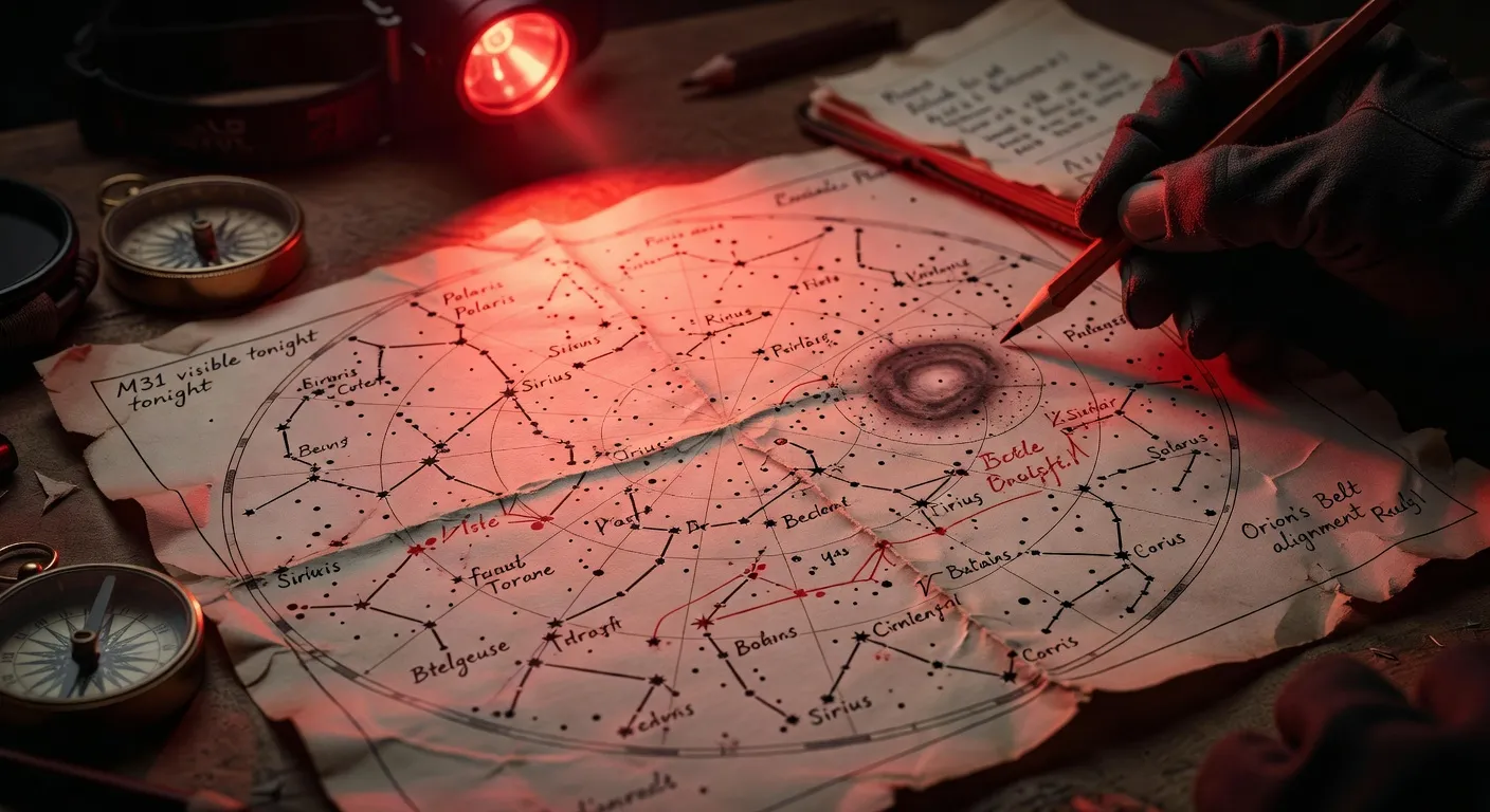 Carte stellaire annotée à la main sous la lumière rouge d'une frontale d'astronomie