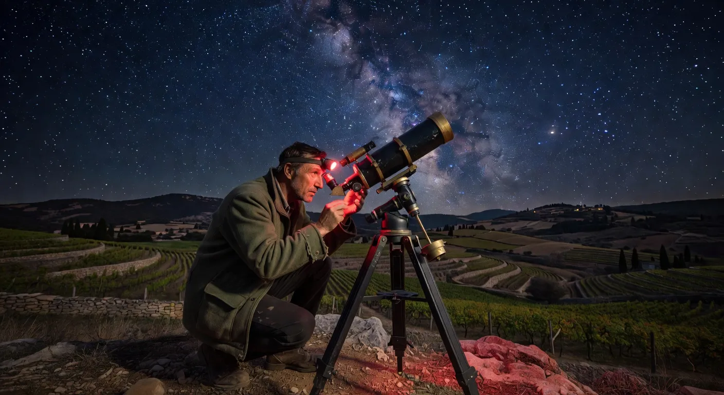 Astronome amateur pointant un télescope vers le ciel nocturne en Drôme provençale
