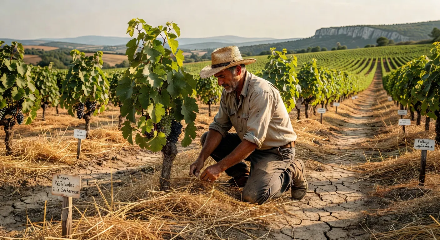 Vignoble drômois sous un ciel de sécheresse avec sol craquelé entre les rangs de vigne