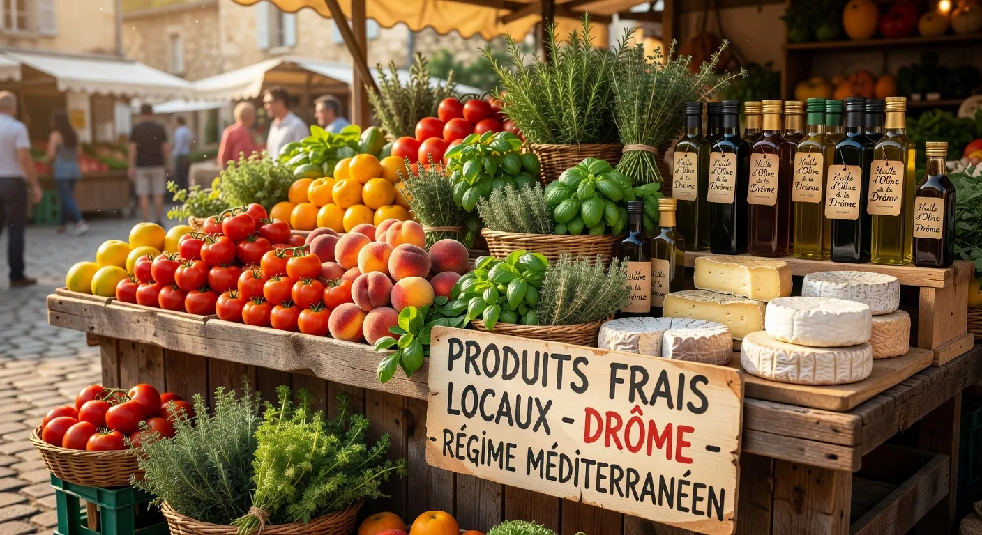 Marché de producteurs locaux en Drôme avec fruits et légumes de saison