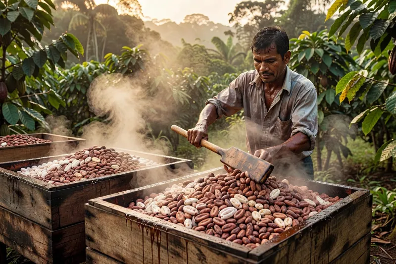 Fèves de cacao en fermentation dans des caisses en bois, couvertes de feuilles de bananier