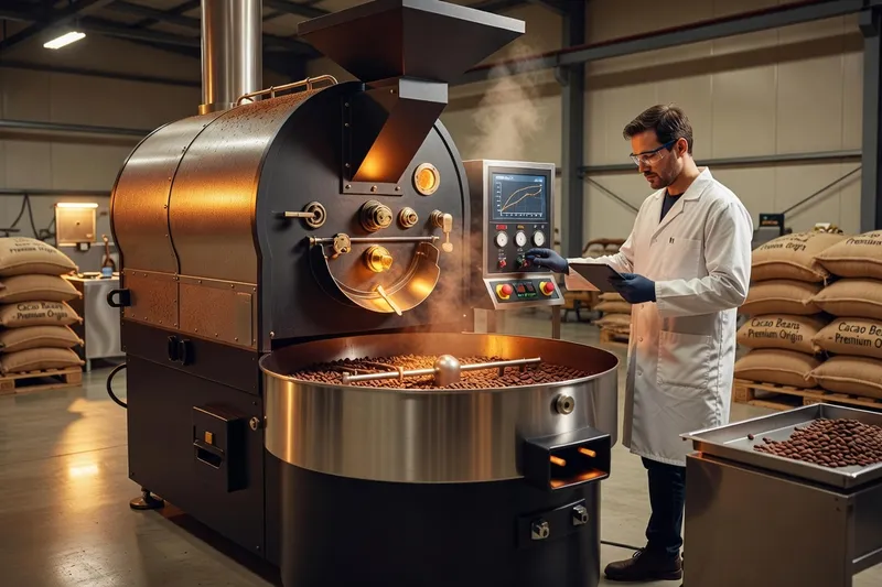 Torréfacteur industriel de cacao en acier inoxydable, fèves dorées en cours de torréfaction