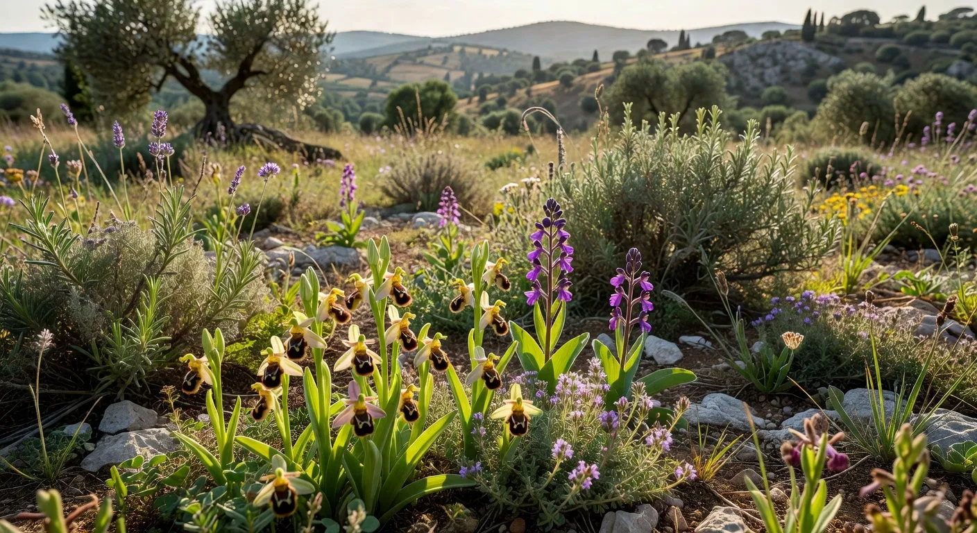 Champs de lavande en fleur dans la Drôme provençale avec collines boisées en arrière-plan