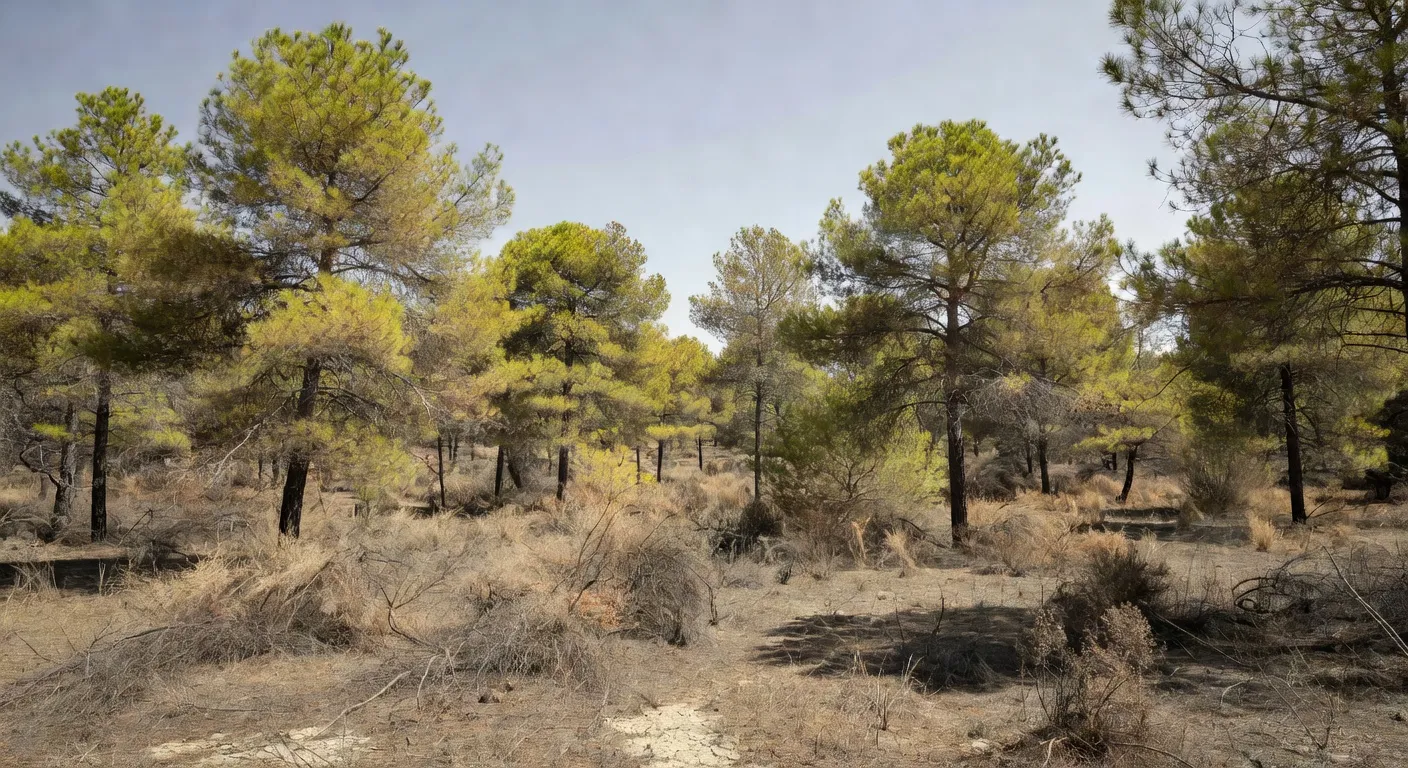 Forêt drômoise montrant des signes de dépérissement avec arbres aux feuilles jaunies en été