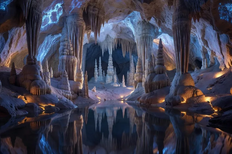 Entrée d'une grotte dans le Vercors, stalagmites et stalactites, lumière spéléologique