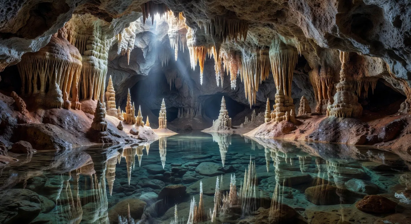 Concrétions calcaires dans une grotte de la Drôme, stalactites et stalagmites