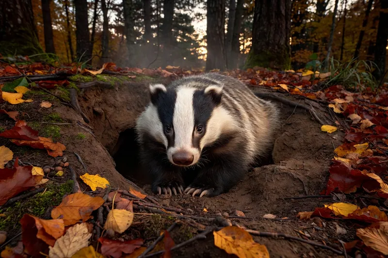 Blaireau sortant de son terrier en lisière de forêt drômoise, heure bleue