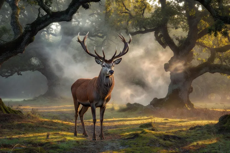 Cerf élaphe majestueux dans une clairière du Vercors, brouillard matinal