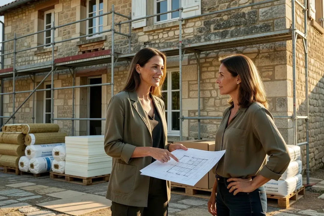 Conseillère de l'Agence locale de l'énergie et du climat examinant des plans d'isolation avec une habitante drômoise devant une maison en travaux de rénovation