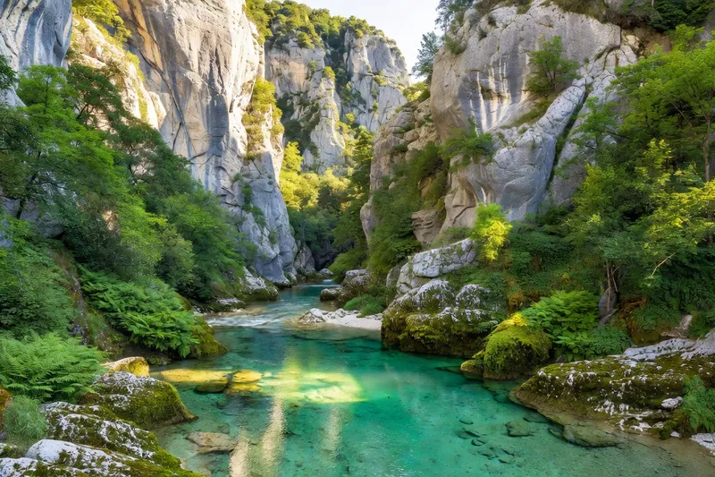 Gorges de la Drôme, eaux turquoise dans les falaises calcaires, végétation méditerranéenne