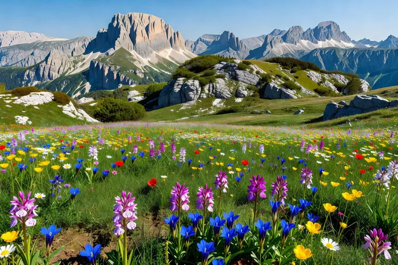 Prairie alpine avec fleurs sauvages sur le plateau du Vercors, été, biodiversité drômoise