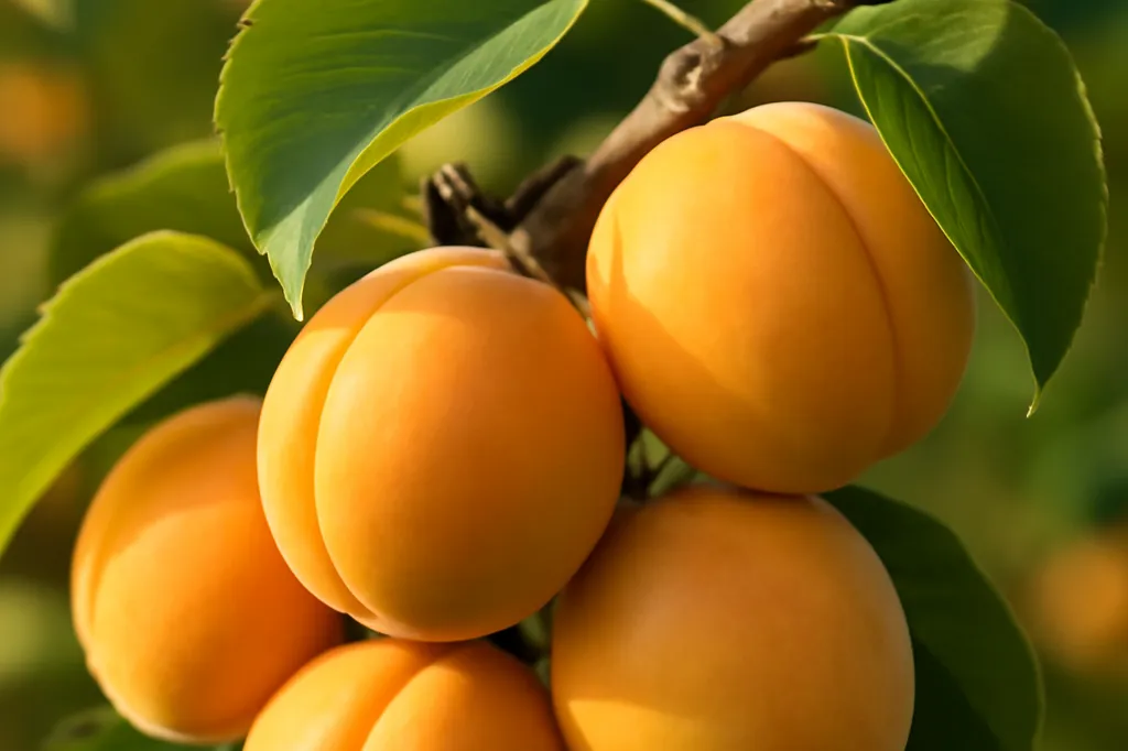 Grappe d'abricots mûrs orange sur une branche d'abricotier, feuillage vert