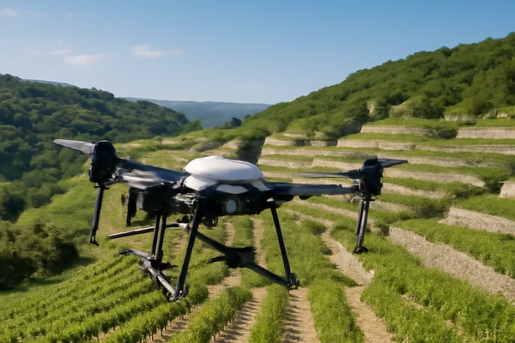 Drone agricole quadricoptère survolant des rangs de vigne en terrasses calcaires en Drôme