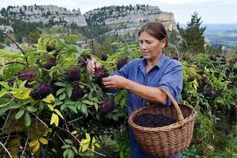 Cueilleuse adulte récoltant des grappes de sureau noir dans une haie du Vercors, panier en osier au bras, paysage de crêts en arrière-plan