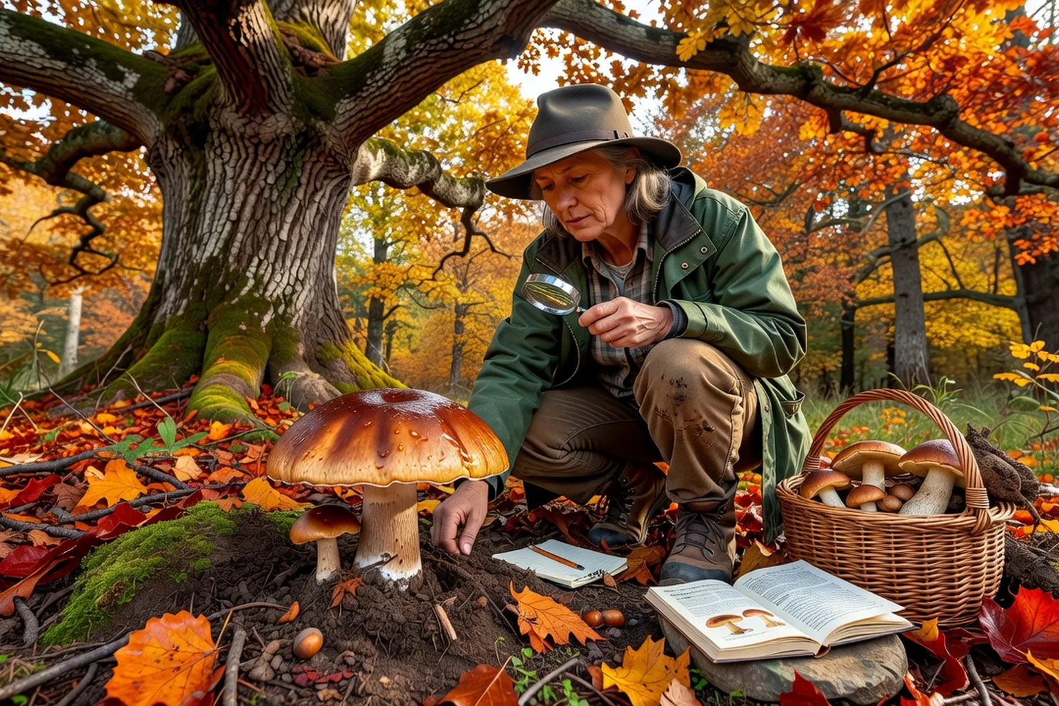 Mycologue photographiant un cèpe de Bordeaux au pied d'un chêne pubescent dans la forêt drômoise