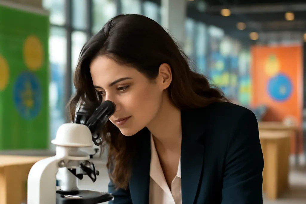Jeune visiteuse observant un échantillon d'eau au microscope lors d'un atelier scientifique aux Clévos à Loriol-sur-Drôme