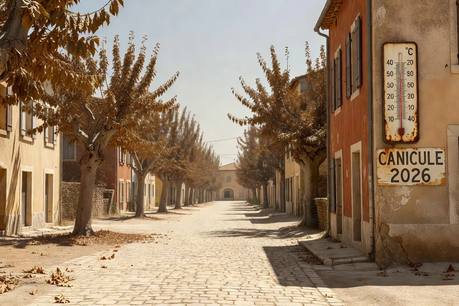 Village provençal de la Drôme sous chaleur estivale intense, rue pavée vide à midi