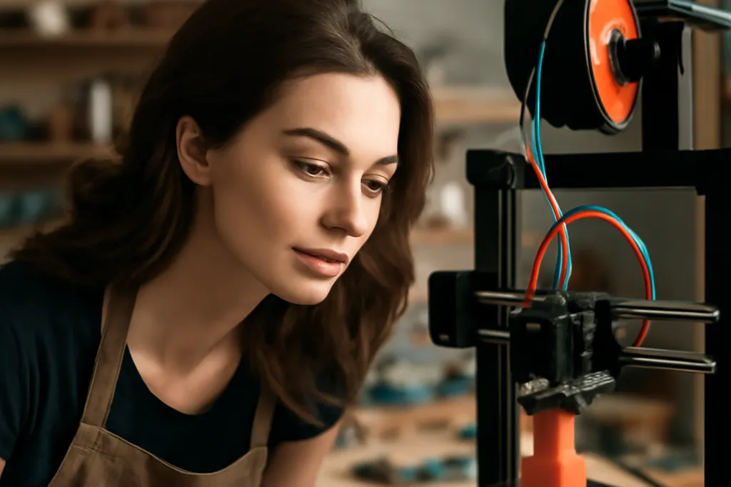 Jeune femme concentrée devant une imprimante 3D en fonctionnement dans un atelier de fabrication numérique