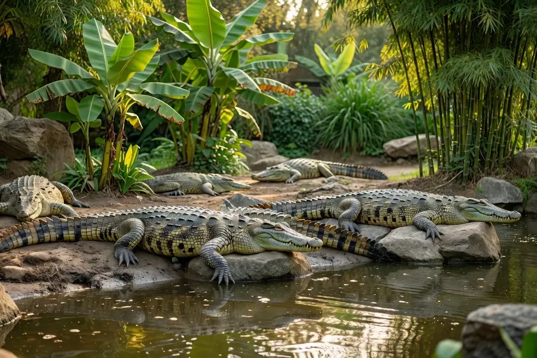 Bassin extérieur de crocodiles du Nil à la Ferme aux Crocodiles de Pierrelatte