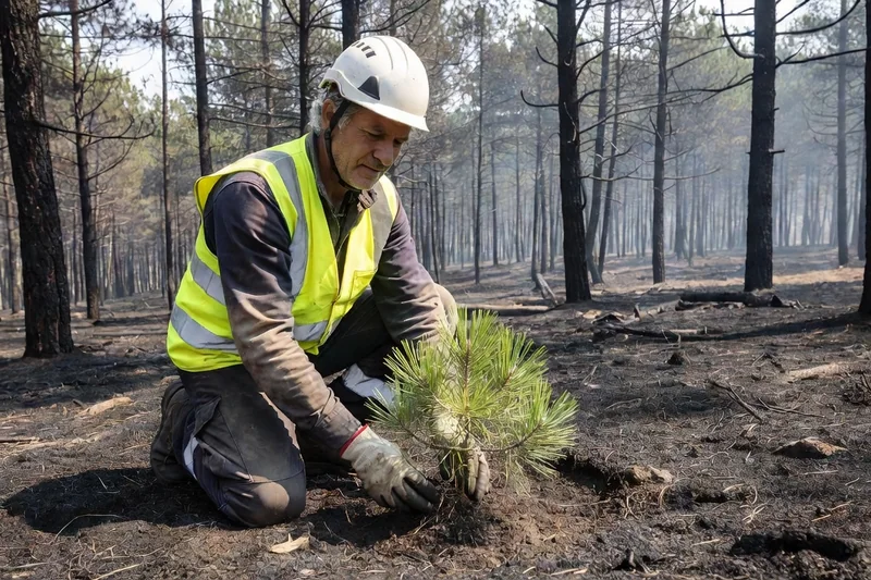 Ingénieur forestier en casque examinant une jeune pousse verte sur une zone brûlée de pinède méditerranéenne