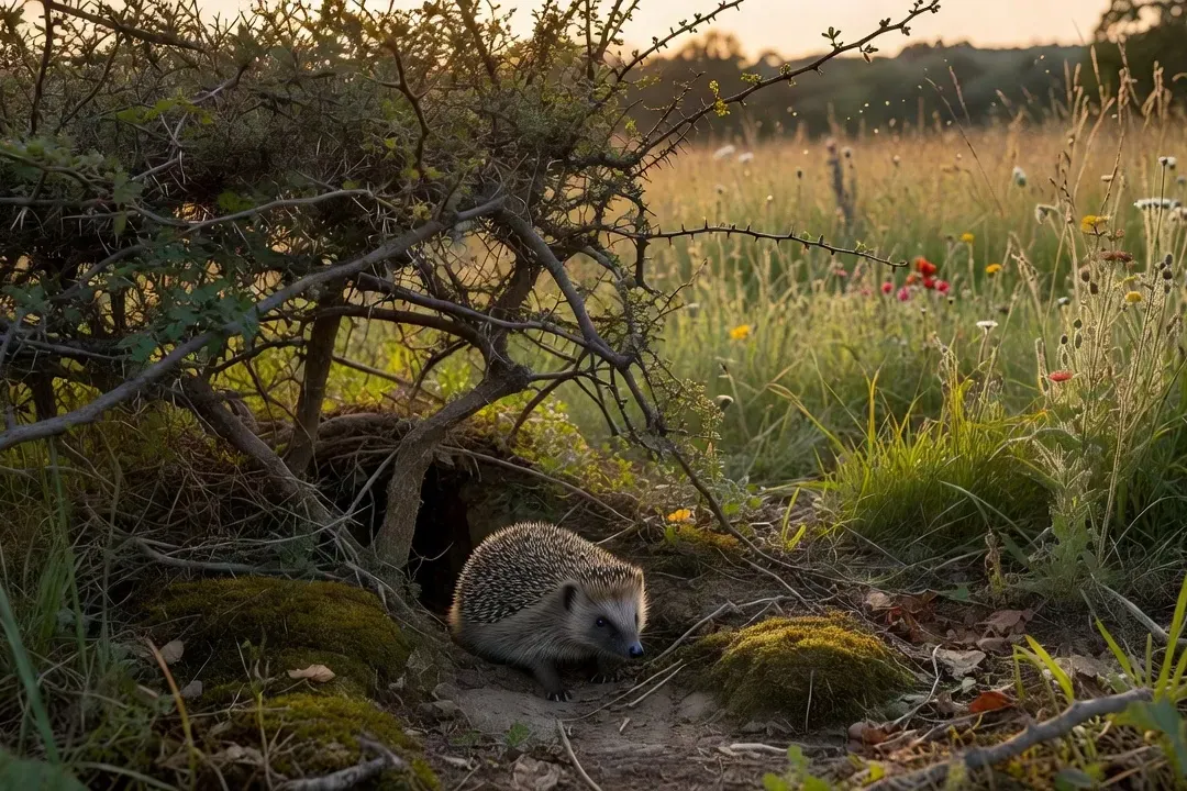 Hérisson d'Europe traversant un passage aménagé sous une haie champêtre au crépuscule dans un jardin rural drômois