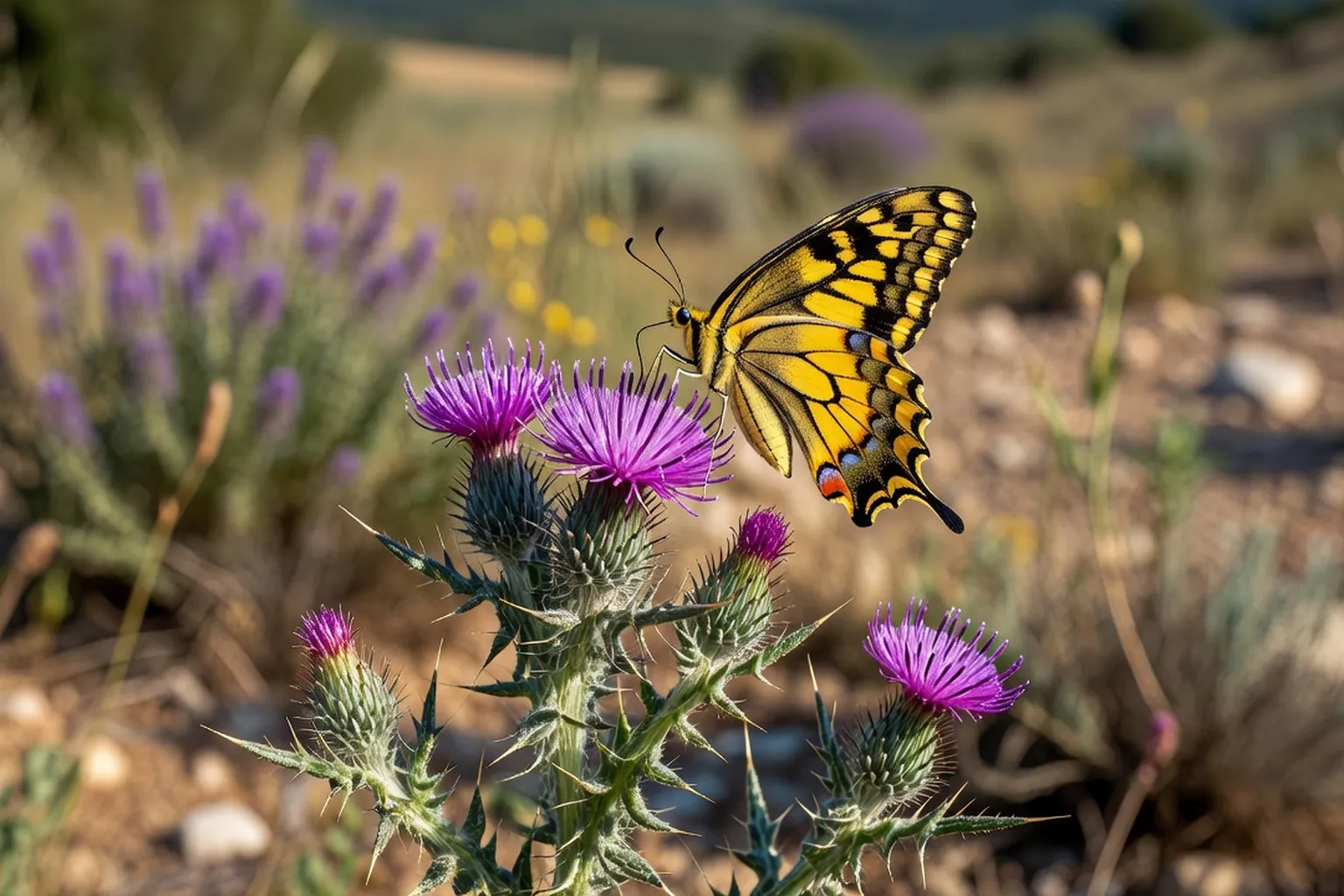 Grand machaon papillon jaune et noir sur chardon violet en garrigue drômoise