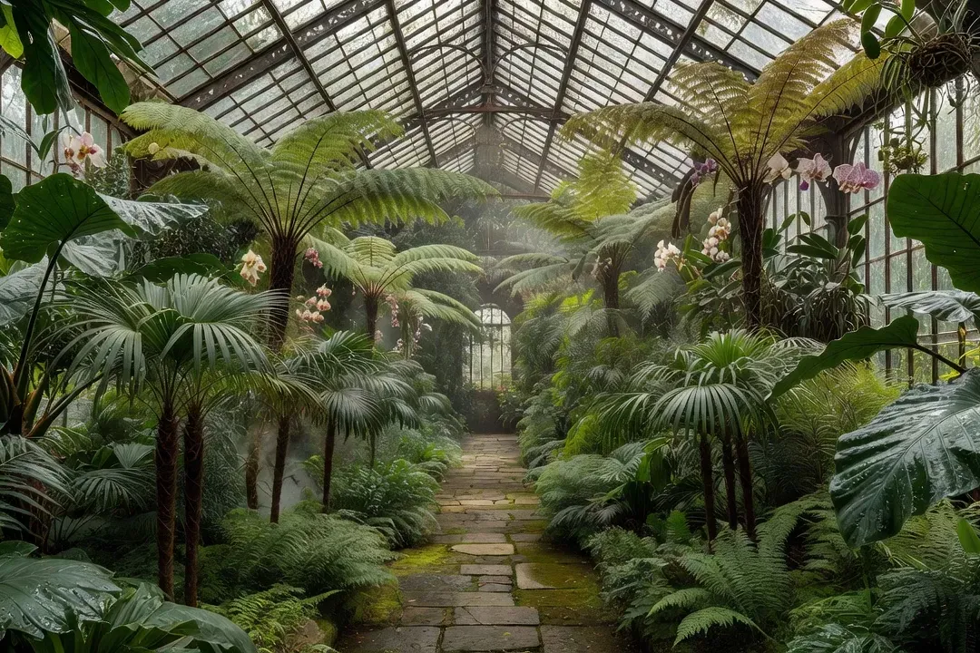 Serre tropicale du jardin botanique de Valence avec palmiers, fougères arborescentes et orchidées