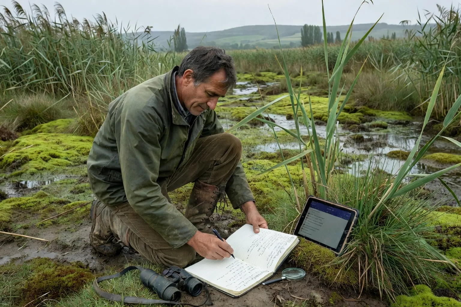 Naturaliste inventoriant des espèces dans une zone humide drômoise avec son cahier de terrain