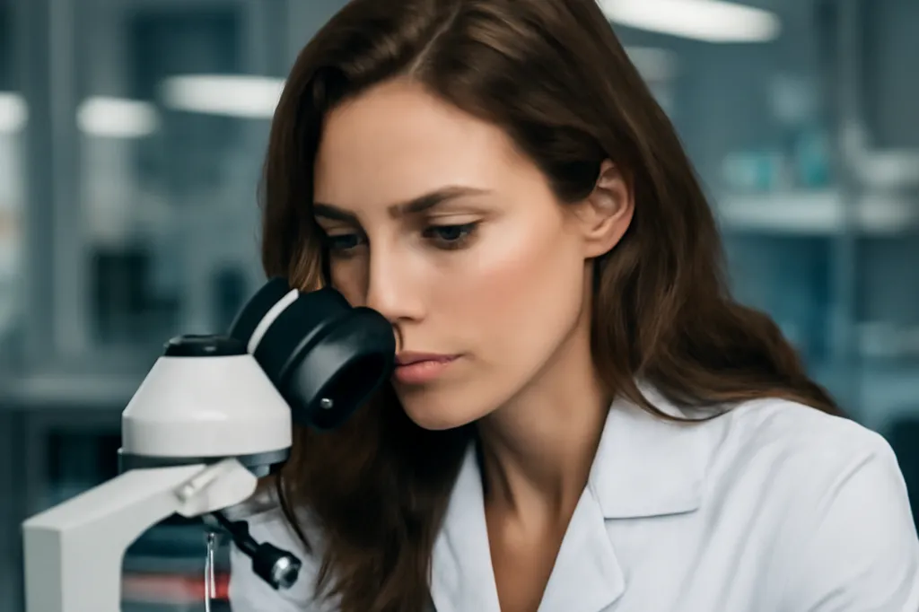 Très belle femme adulte en blouse de laboratoire observant des cultures bactériennes du microbiote intestinal au microscope
