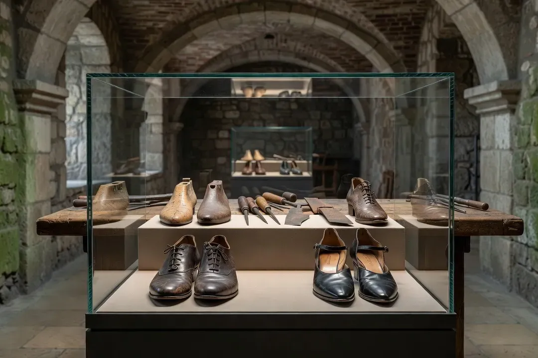 Vitrine du Musée international de la Chaussure présentant des chaussures anciennes et des outils de cordonnier