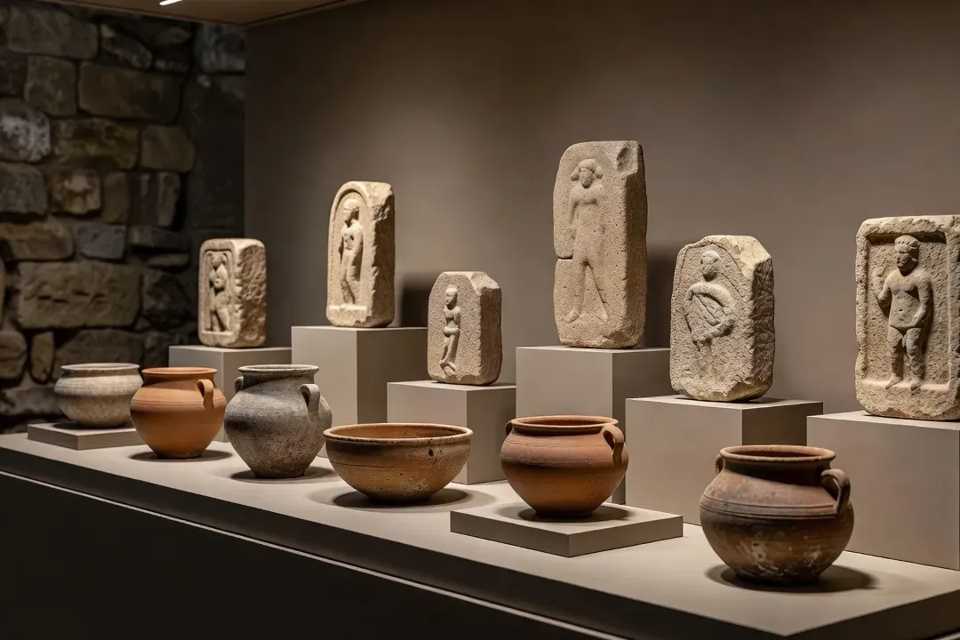 Vitrine archéologique du Musée de Valence présentant céramiques protohistoriques et stèles funéraires