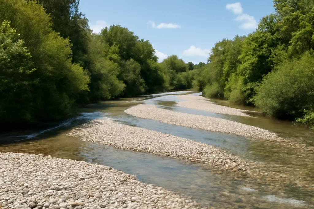 Rivière drômoise en tresses avec bancs de galets et ripisylve dense