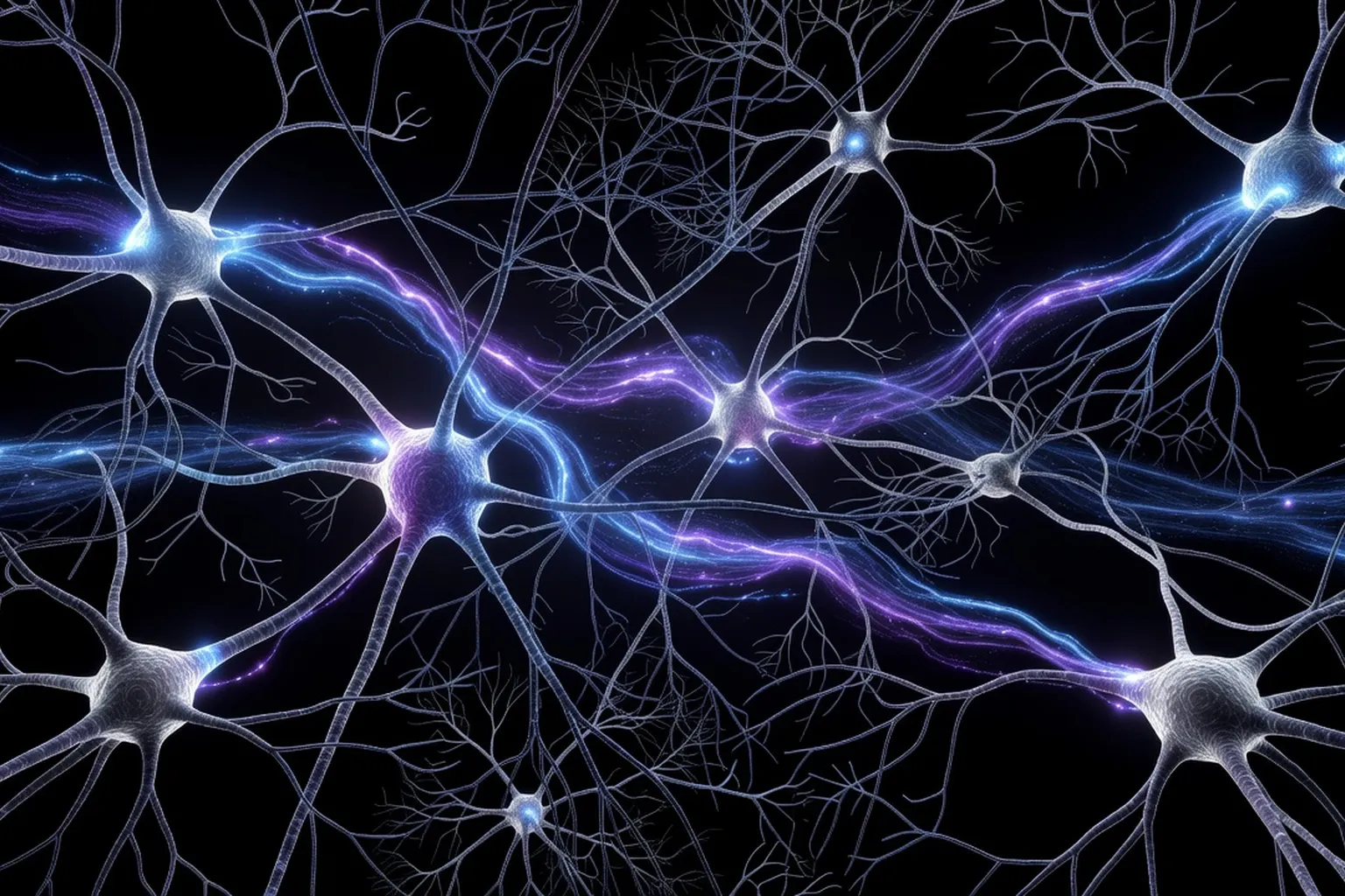 Visualisation artistique 3D d'un réseau de neurones actifs, synapses lumineuses bleues et violettes sur fond sombre