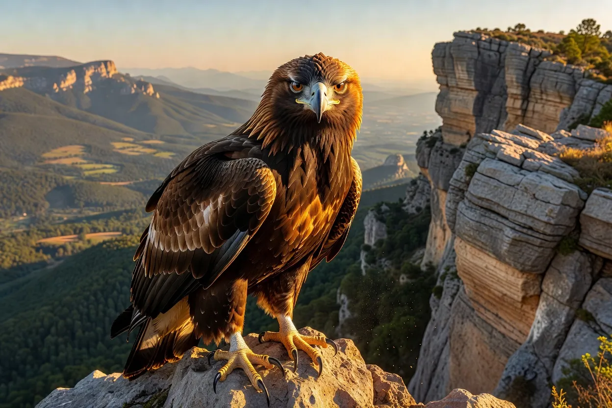 Aigle royal posé sur une falaise calcaire du Vercors, plumage brun doré et bec puissant