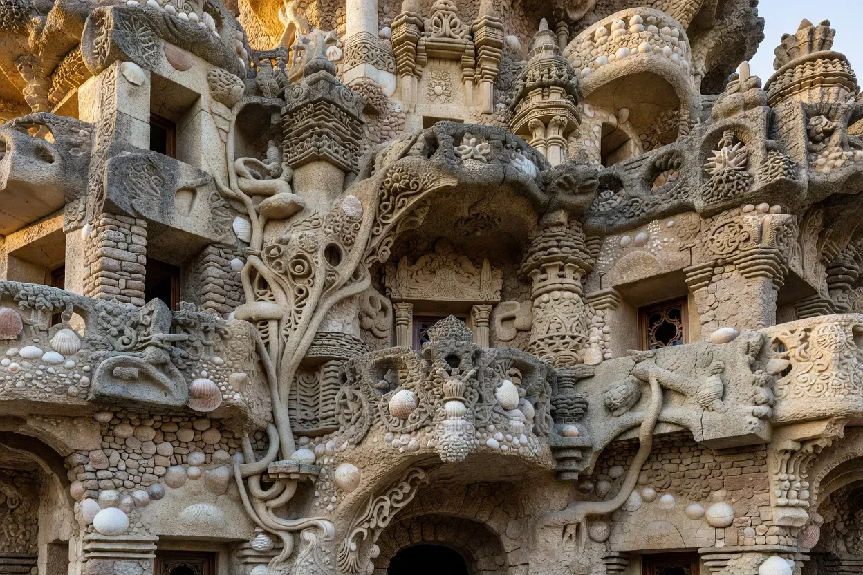 Détail sculpté de la façade du Palais idéal du Facteur Cheval à Hauterives, mêlant motifs végétaux et architecture onirique