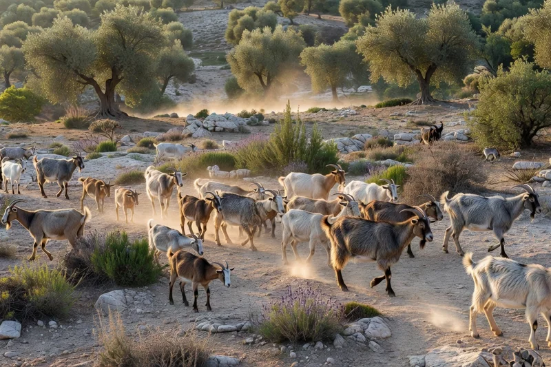 Troupeau de chèvres sur un causse calcaire des Baronnies, oliviers et garrigue au lever du soleil dans la Drôme provençale