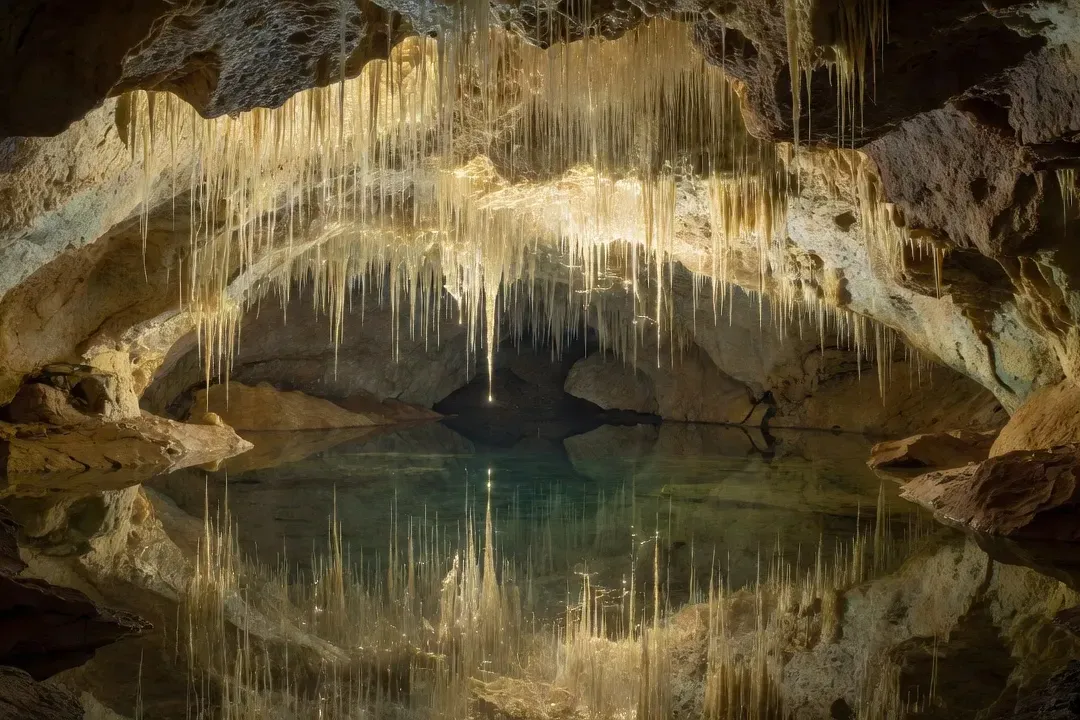 Stalactites fistuleuses fines et translucides suspendues au plafond de la grotte de Choranche dans le Vercors