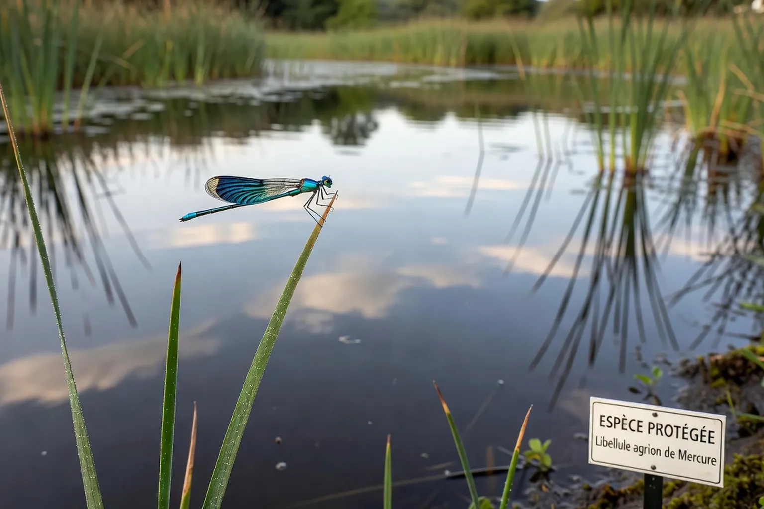Libellule agrion de Mercure, bleu métallique, posée sur un roseau au bord d'un étang drômois