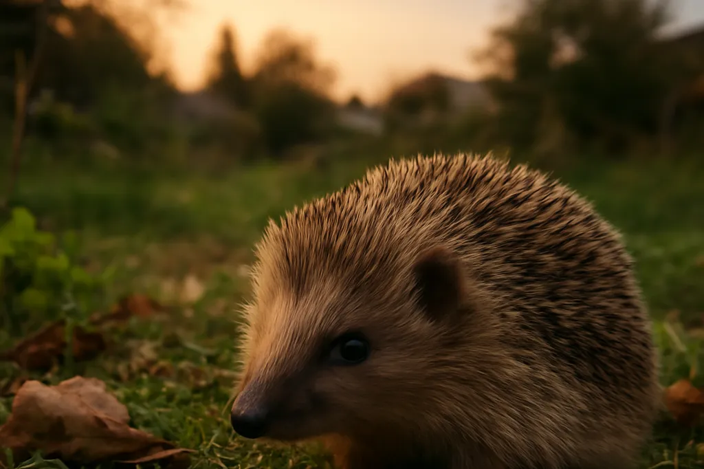 Hérisson d'Europe dans un jardin rural drômois au crépuscule