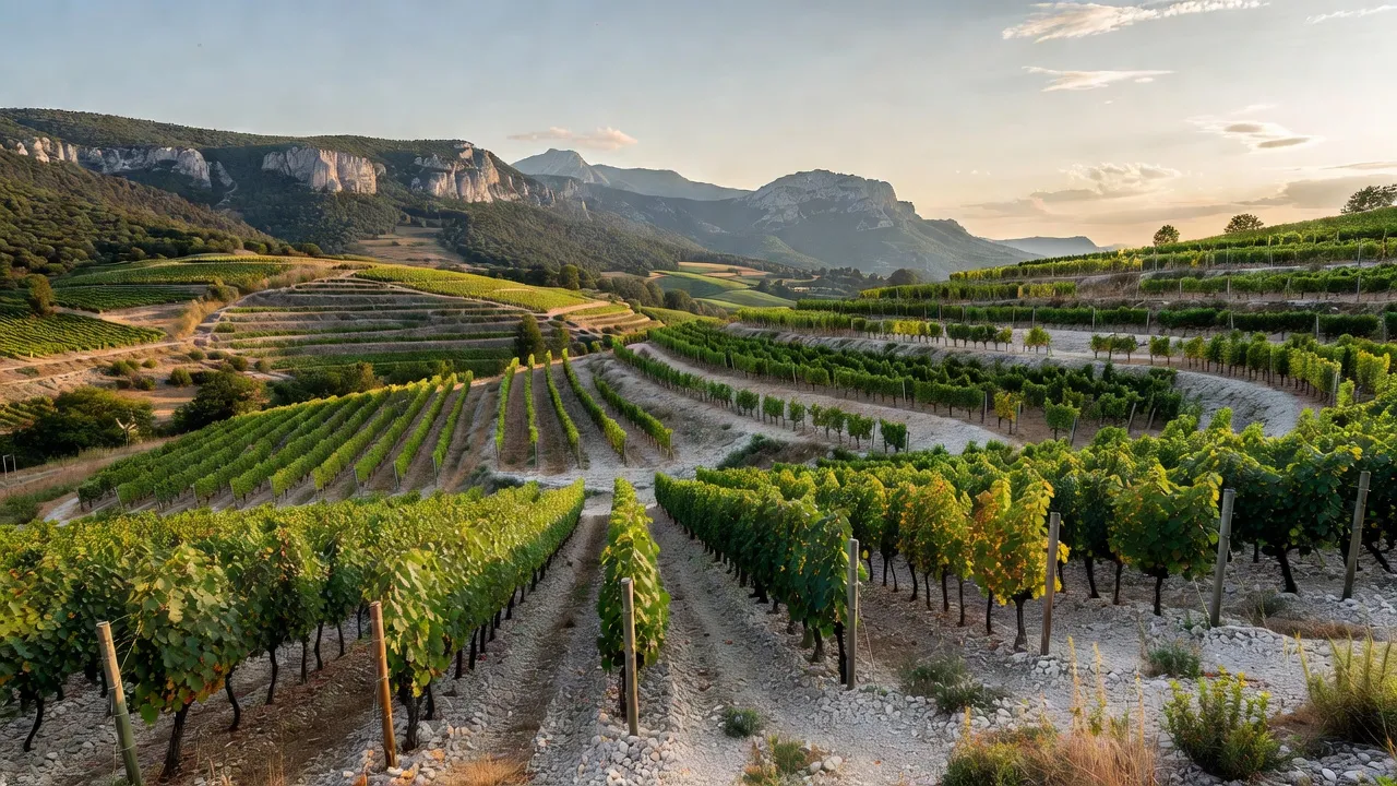 Rangs de vignes en terrasses calcaires du Diois avec le massif du Vercors en arrière-plan, ciel de fin d'été
