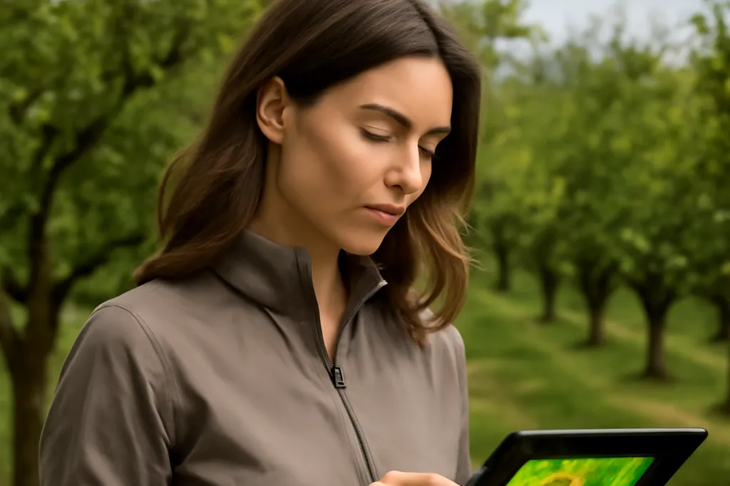 Ingénieure agronome analysant une carte de vigueur végétale NDVI sur tablette dans un verger drômois