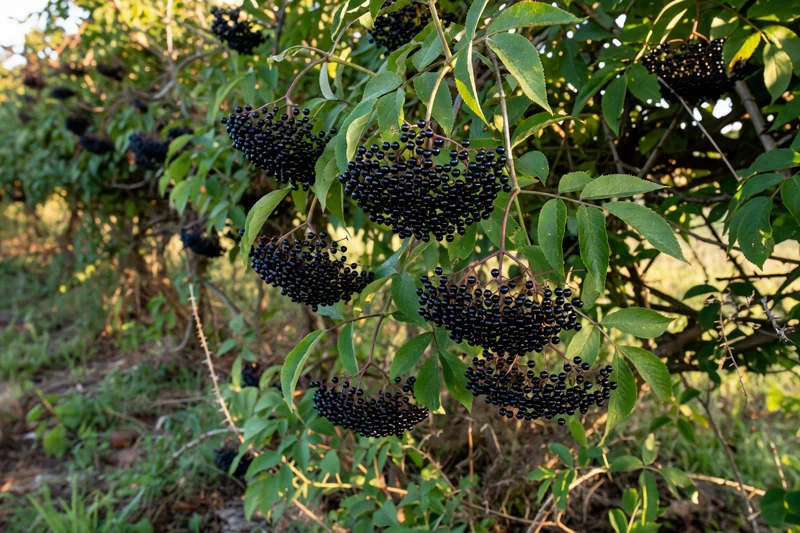 Grappes de baies noires de sureau bien mûres suspendues à leurs tiges, feuillage vert découpé, lisière de haie en arrière-plan