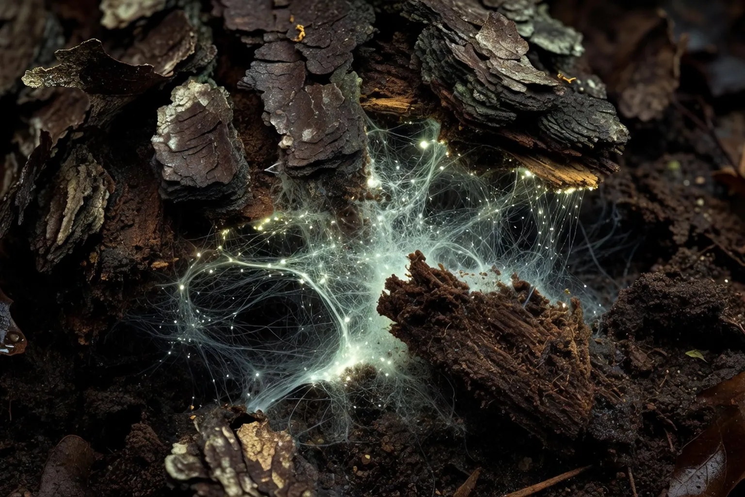 Réseau de mycélium visible sous écorce de chêne décomposée, filaments blancs luminescents sur fond de terre