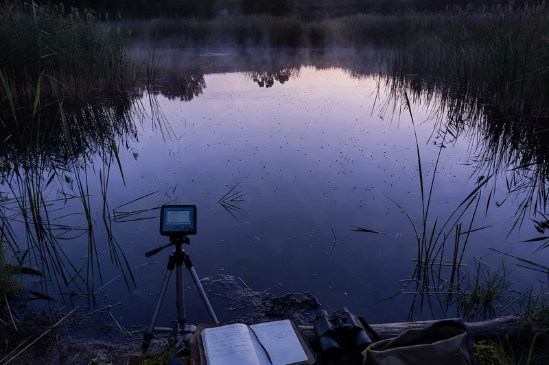 Détecteur d'ultrasons sur trépied et carnet de terrain posés au bord d'un étang drômois au crépuscule, insectes volant au-dessus de l'eau