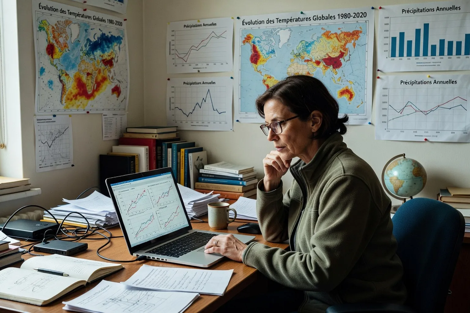 Chercheuse climatologue examinant des graphiques météorologiques sur ordinateur dans un bureau universitaire