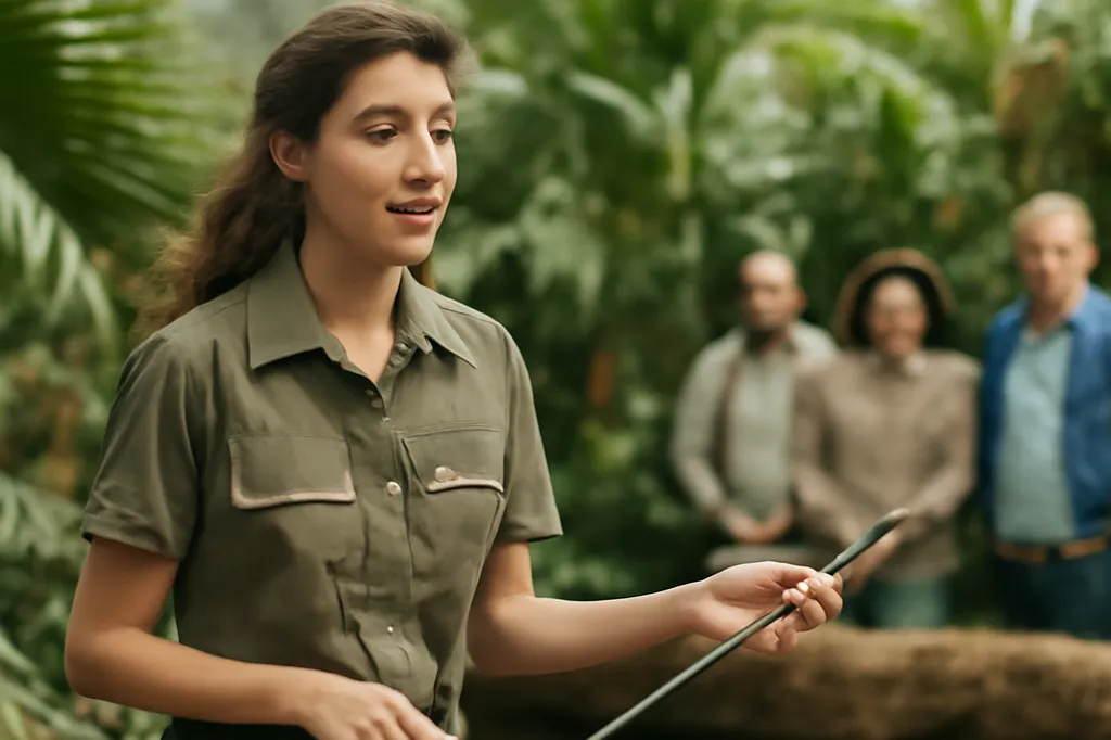 Soigneuse animalière commentant un nourrissage de crocodiles devant des visiteurs sous la serre tropicale
