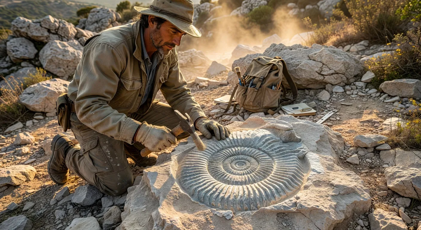 Fossile d'ammonite dans la roche calcaire de la Drôme