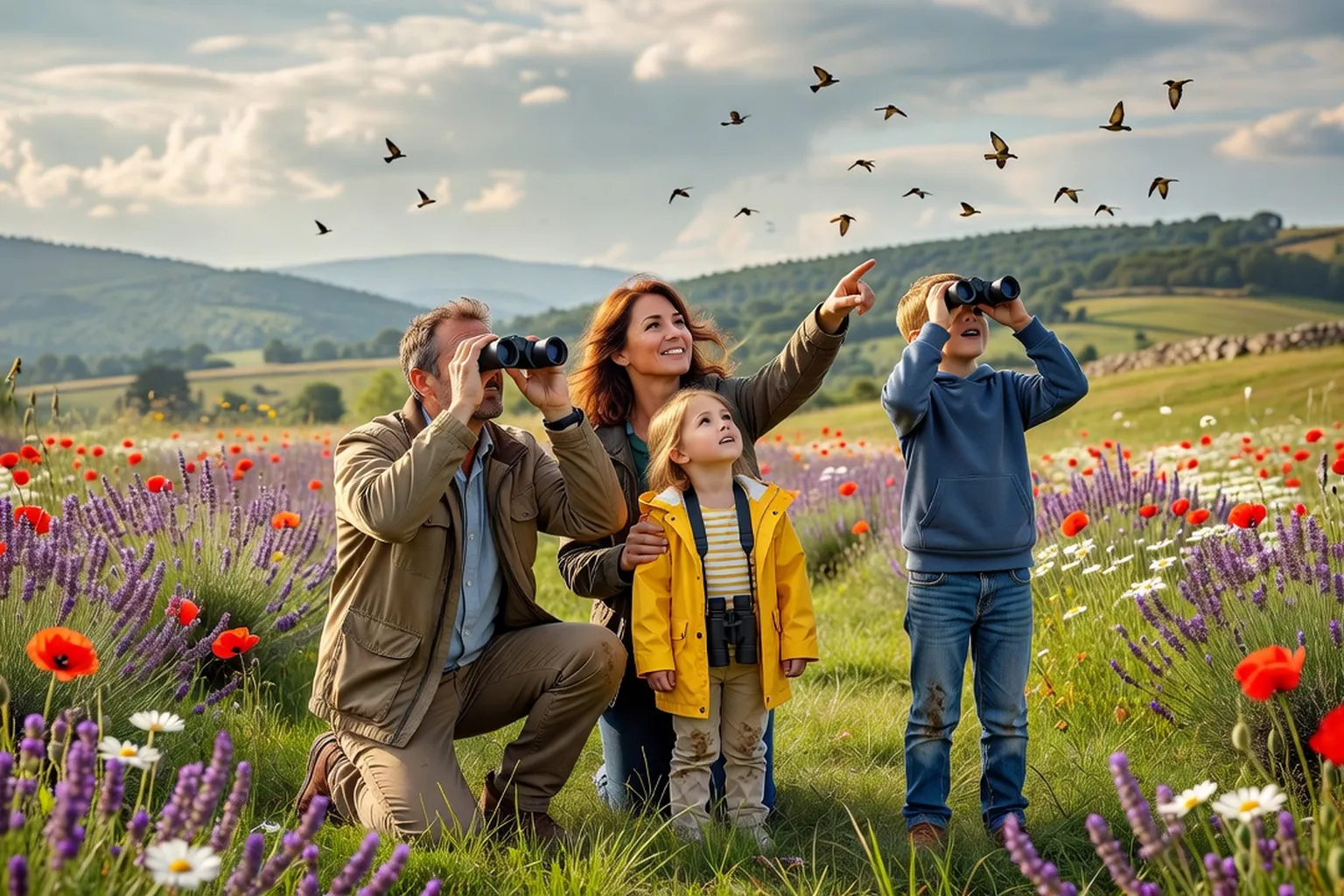 Famille avec jumelles observant des oiseaux dans une prairie drômoise en fleurs au printemps