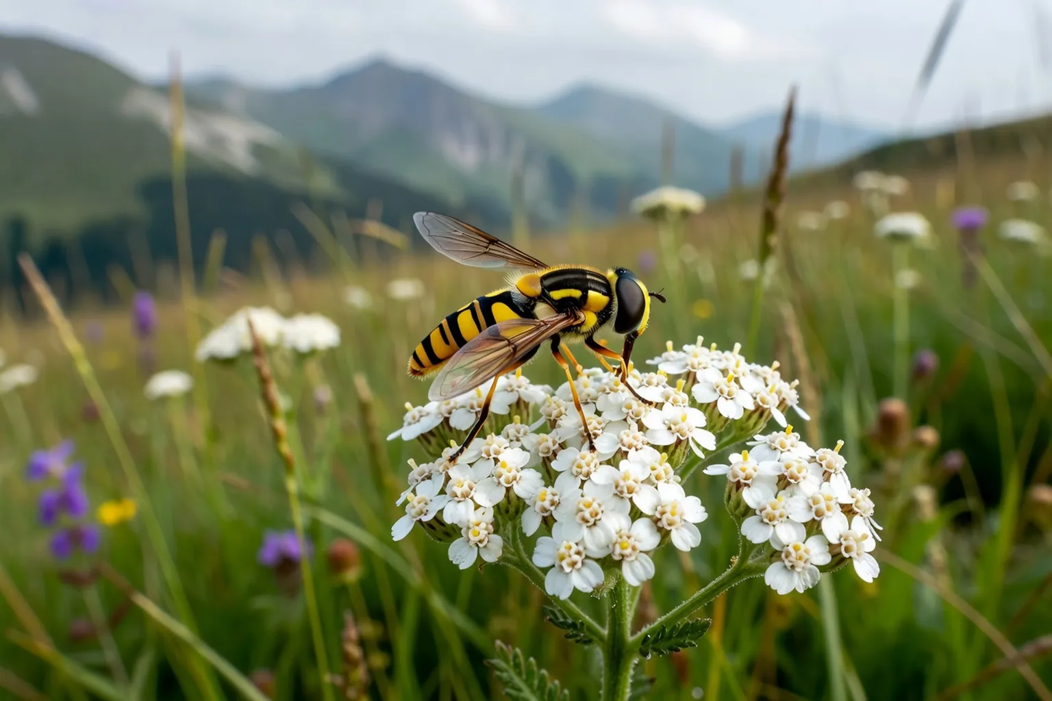 Syrphe imitateur rayé jaune et noir butinant une fleur d'achillée blanche dans une prairie du Vercors
